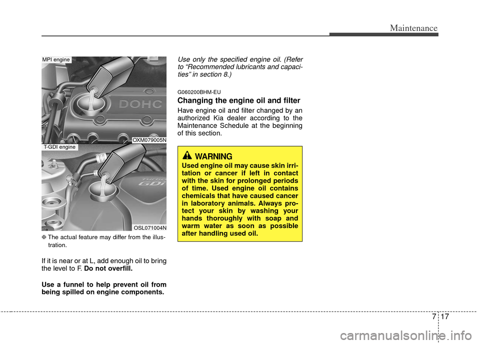 KIA Sportage 2012 SL / 3.G Owners Manual 717
Maintenance
❈The actual feature may differ from the illus-
tration.
If it is near or at L, add enough oil to bring
the level to F. Do not overfill.
Use a funnel to help prevent oil from
being sp KIA Sportage 2012 SL / 3.G Owners Manual 717
Maintenance
❈The actual feature may differ from the illus-
tration.
If it is near or at L, add enough oil to bring
the level to F. Do not overfill.
Use a funnel to help prevent oil from
being sp