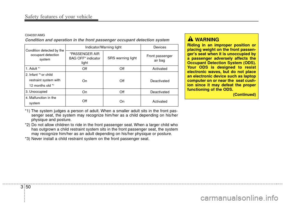 KIA Sportage 2012 SL / 3.G Manual PDF Safety features of your vehicle
50
3
WARNING
Riding in an improper position or
placing weight on the front passen-
gers seat when it is unoccupied by
a passenger adversely affects the
Occupant Detect
