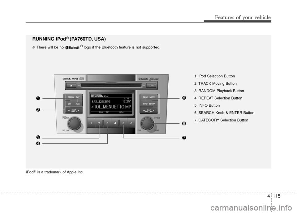 KIA Forte 2013 2.G Owners Manual 4115
Features of your vehicle
1. iPod Selection Button
2. TRACK Moving Button
3. RANDOM Playback Button
4. REPEAT Selection Button
5. INFO Button
6. SEARCH Knob & ENTER Button
7. CATEGORY Selection Bu