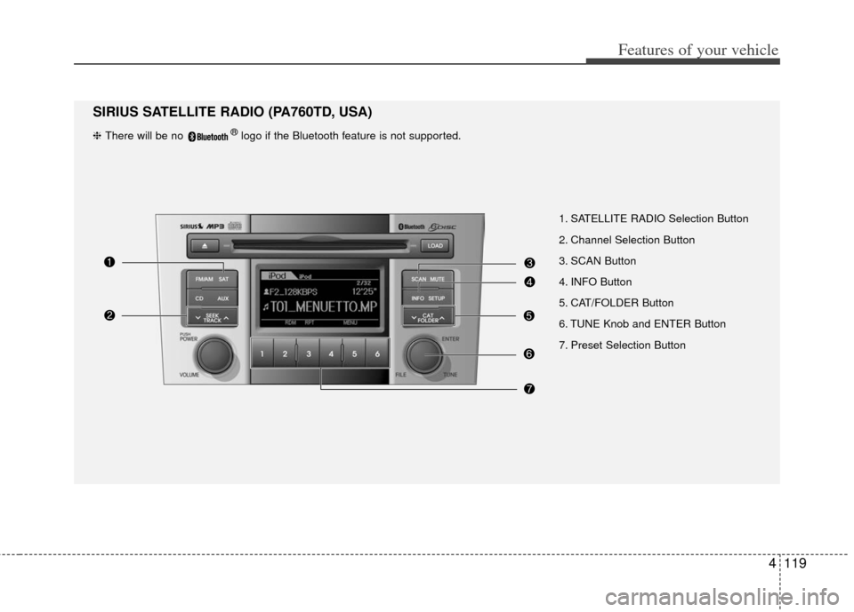 KIA Cerato 2013 2.G User Guide 4119
Features of your vehicle
1. SATELLITE RADIO Selection Button           
2. Channel Selection Button 
3. SCAN Button    
4. INFO Button       
5. CAT/FOLDER Button
6. TUNE Knob and ENTER Button   