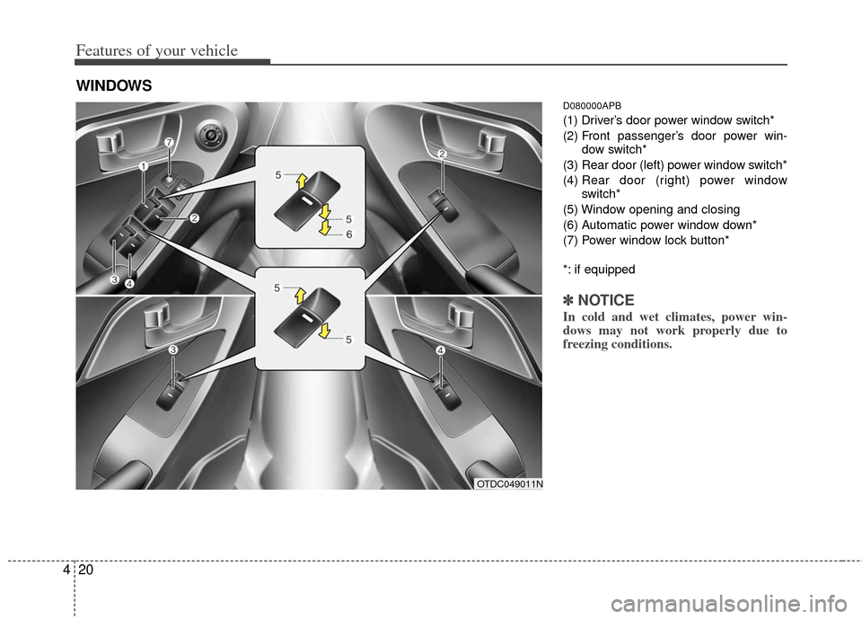 KIA Cerato 2013 2.G Owners Manual Features of your vehicle
20
4
D080000APB
(1) Driver’s door power window switch*
(2) Front passenger’s door power win-
dow switch*
(3) Rear door (left) power window switch*
(4)  Rear door (right) p