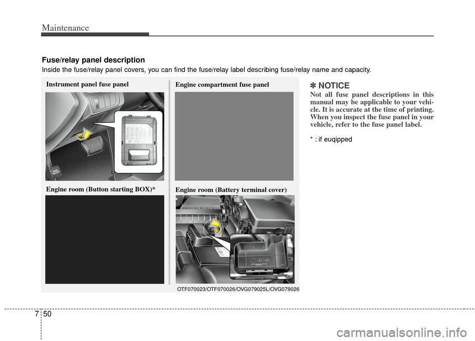 KIA Optima 2013 3.G Owners Manual Maintenance
50
7
✽
✽
NOTICE
Not all fuse panel descriptions in this
manual may be applicable to your vehi-
cle. It is accurate at the time of printing.
When you inspect the fuse panel in your
vehi