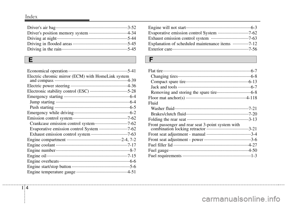 KIA Optima 2013 3.G Owners Manual Index
4I
Drivers air bag··················\
··················\
··················\
·········3-52
Drivers position memory system ···