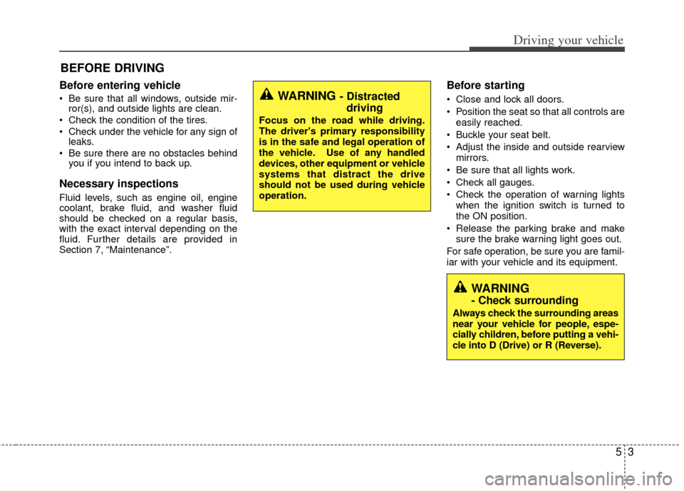 KIA Rio 2013 3.G Owners Manual 53
Driving your vehicle
Before entering vehicle
• Be sure that all windows, outside mir-ror(s), and outside lights are clean.
 Check the condition of the tires.
 Check under the vehicle for any sign