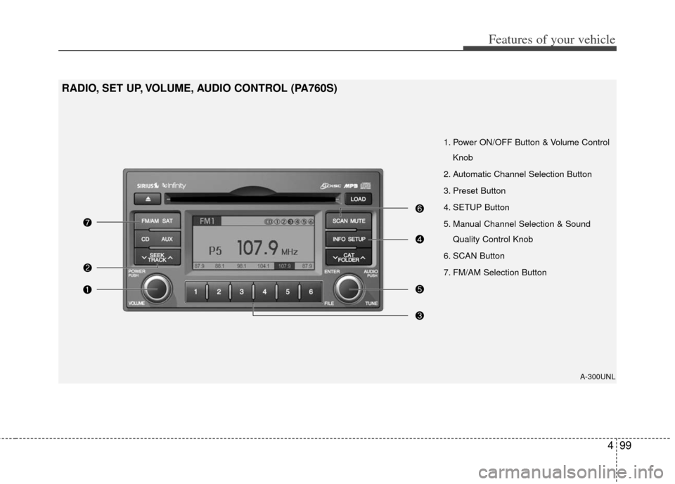 KIA Carens 2013 3.G Owners Manual 499
Features of your vehicle
1. Power ON/OFF Button & Volume ControlKnob
2. Automatic Channel Selection Button
3. Preset Button
4. SETUP Button
5. Manual Channel Selection & Sound Quality Control Knob