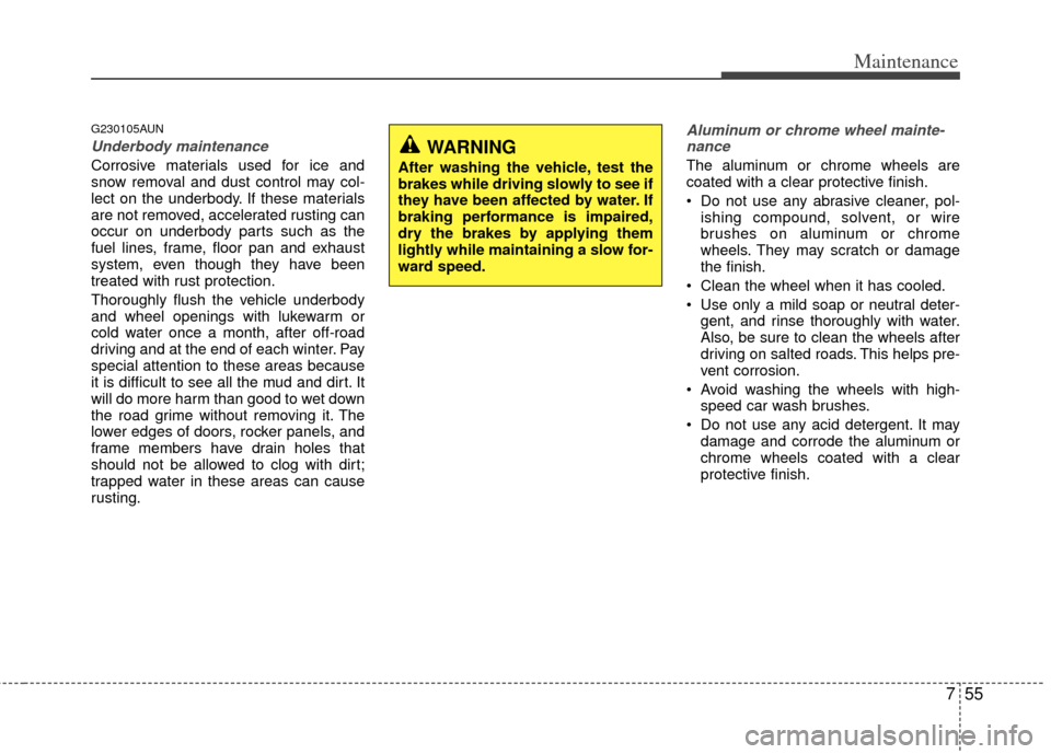 KIA Carens 2013 3.G Owners Guide 755
Maintenance
G230105AUN
Underbody maintenance
Corrosive materials used for ice and
snow removal and dust control may col-
lect on the underbody. If these materials
are not removed, accelerated rust