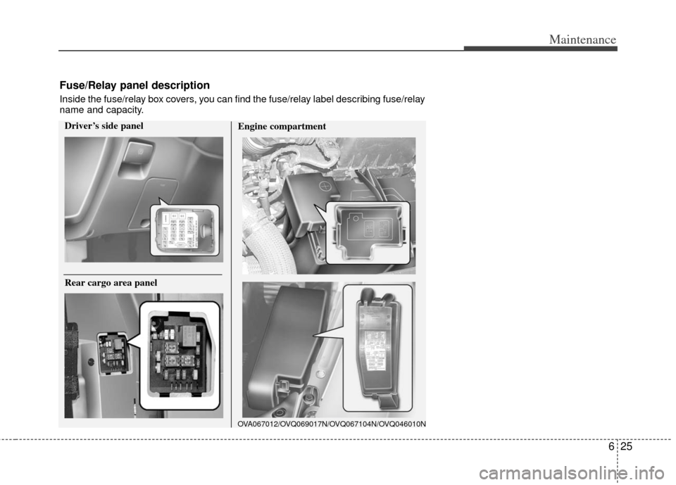 KIA Sedona 2013 2.G Owners Manual 625
Maintenance
Fuse/Relay panel description
Inside the fuse/relay box covers, you can find the fuse/relay label describing fuse/relay
name and capacity.
Driver’s side panelEngine compartment
OVA067