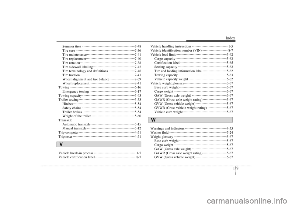 KIA Sorento 2013 2.G Owners Manual I9
Index
Summer tires ··················\
··················\
··················\
·······7-48
Tire care ·················�