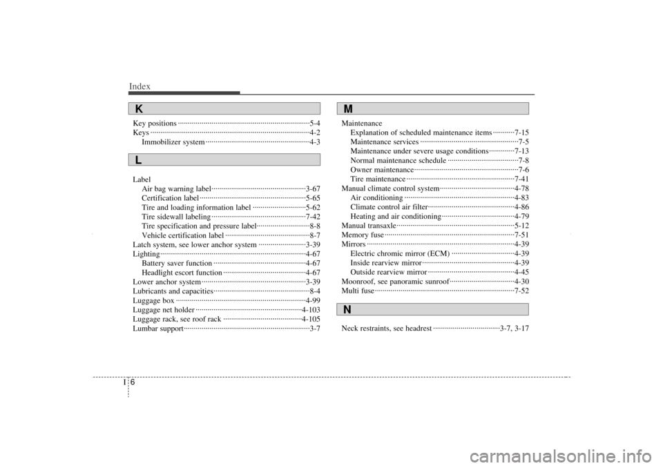 KIA Sorento 2013 2.G Owners Manual Index6I
Key positions ··················\
··················\
··················\
·············5-4
Keys ··············�