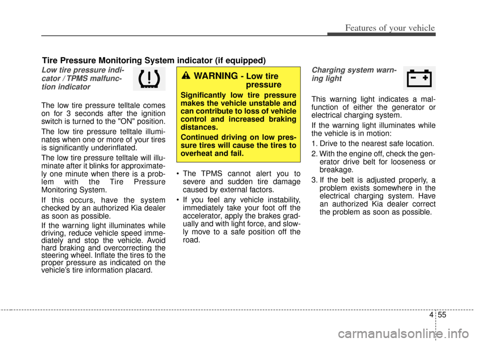 KIA Soul 2013 1.G Owners Manual 455
Features of your vehicle
Low tire pressure indi-cator / TPMS malfunc-tion indicator 
The low tire pressure telltale comes
on for 3 seconds after the ignition
switch is turned to the "ON" position.