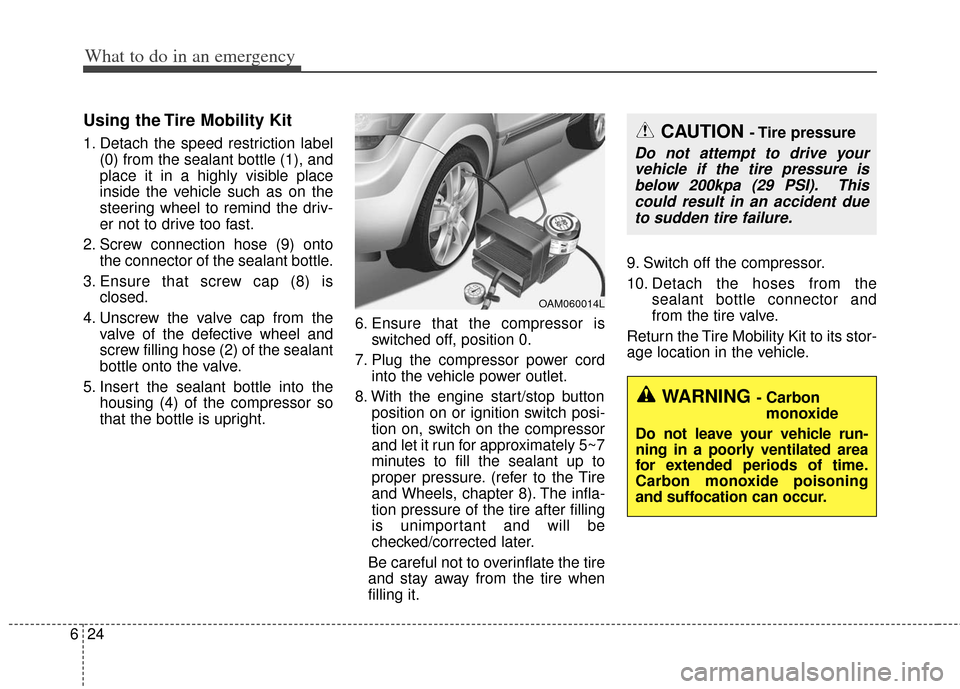 KIA Soul 2013 1.G Owners Manual What to do in an emergency
24
6
Using the Tire Mobility Kit
1. Detach the speed restriction label
(0) from the sealant bottle (1), and
place it in a highly visible place
inside the vehicle such as on 