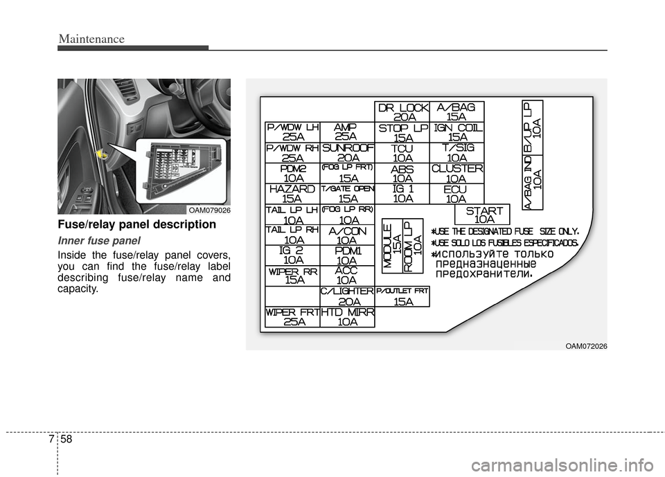 KIA Soul 2013 1.G Owners Manual Maintenance
58
7
Fuse/relay panel description
Inner fuse panel
Inside the fuse/relay panel covers,
you can find the fuse/relay label
describing fuse/relay name and
capacity.
OAM072026
OAM079026 KIA Soul 2013 1.G Owners Manual Maintenance
58
7
Fuse/relay panel description
Inner fuse panel
Inside the fuse/relay panel covers,
you can find the fuse/relay label
describing fuse/relay name and
capacity.
OAM072026
OAM079026