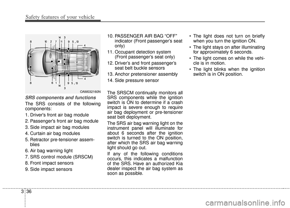 KIA Soul 2013 1.G Owners Manual Safety features of your vehicle
36
3
SRS components and functions
The SRS consists of the following
components:
1. Drivers front air bag module
2. Passengers front air bag module
3. Side impact air 