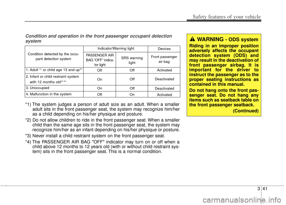 KIA Soul 2013 1.G Repair Manual 341
Safety features of your vehicle
Condition and operation in the front passenger occupant detectionsystem
*1) The system judges a person of adult size as an adult. When a smaller adult sits in the f KIA Soul 2013 1.G Repair Manual 341
Safety features of your vehicle
Condition and operation in the front passenger occupant detectionsystem
*1) The system judges a person of adult size as an adult. When a smaller adult sits in the f