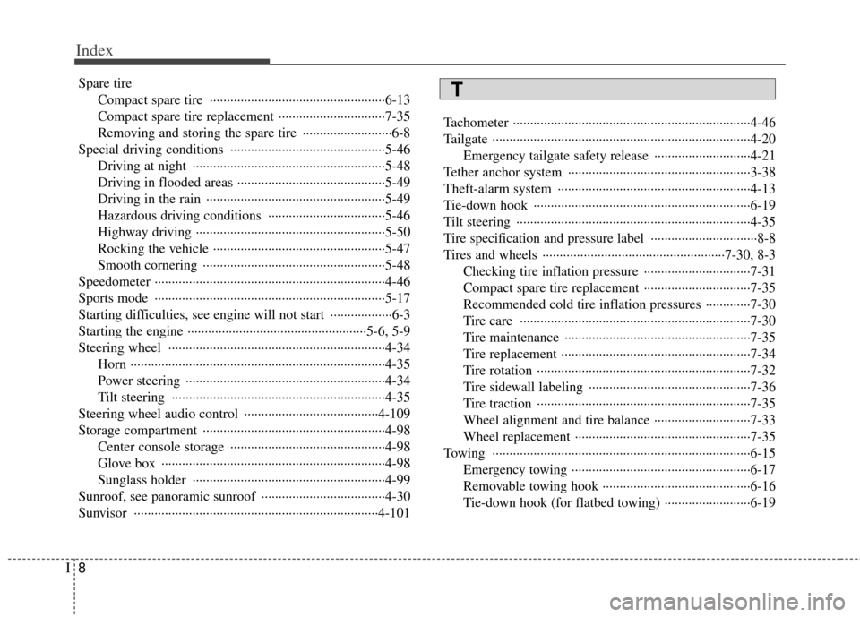 KIA Sportage 2013 SL / 3.G Owners Manual Index
8I
Spare tireCompact spare tire  ··················\
··················\
···············6-13
Compact spare tire replacement  ·········