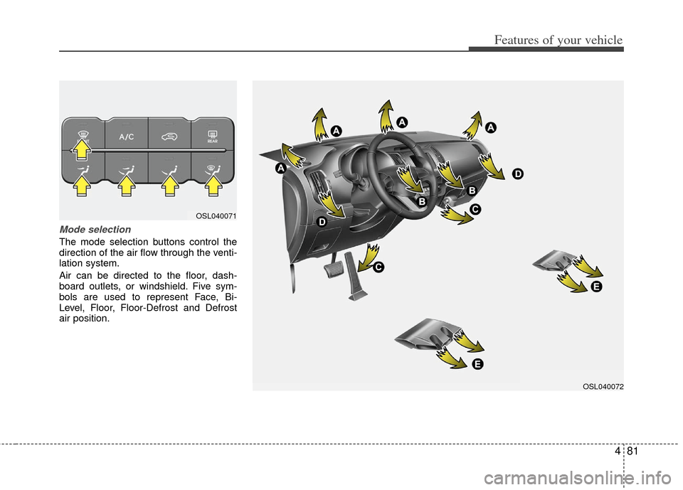 KIA Sportage 2013 SL / 3.G Owners Manual 481
Features of your vehicle
Mode selection
The mode selection buttons control the
direction of the air flow through the venti-
lation system.
Air can be directed to the floor, dash-
board outlets, or