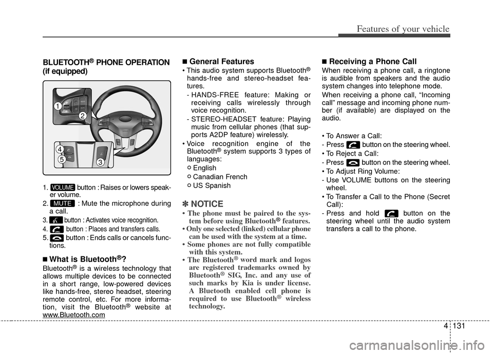 KIA Sportage 2013 SL / 3.G Owners Manual 4131
Features of your vehicle
BLUETOOTH®PHONE OPERATION
(if equipped)
1. button : Raises or lowers speak- er volume.
2. : Mute the microphone during a call.
3. button : Activates voice recognition.
4 KIA Sportage 2013 SL / 3.G Owners Manual 4131
Features of your vehicle
BLUETOOTH®PHONE OPERATION
(if equipped)
1. button : Raises or lowers speak- er volume.
2. : Mute the microphone during a call.
3. button : Activates voice recognition.
4