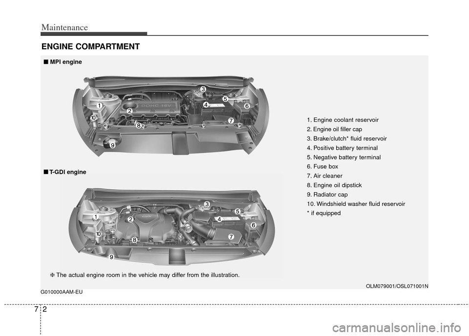 KIA Sportage 2013 SL / 3.G Owners Manual Maintenance
27
ENGINE COMPARTMENT 
G010000AAM-EU
1. Engine coolant reservoir
2. Engine oil filler cap
3. Brake/clutch* fluid reservoir
4. Positive battery terminal
5. Negative battery terminal
6. Fuse