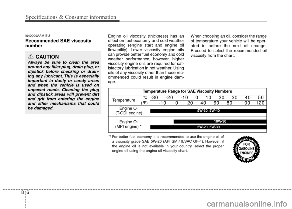 KIA Sportage 2013 SL / 3.G Workshop Manual 68
Specifications & Consumer information
I040000AAM-EU
Recommended SAE viscosity
number
Engine oil viscosity (thickness) has an
effect on fuel economy and cold weather
operating (engine start and engi