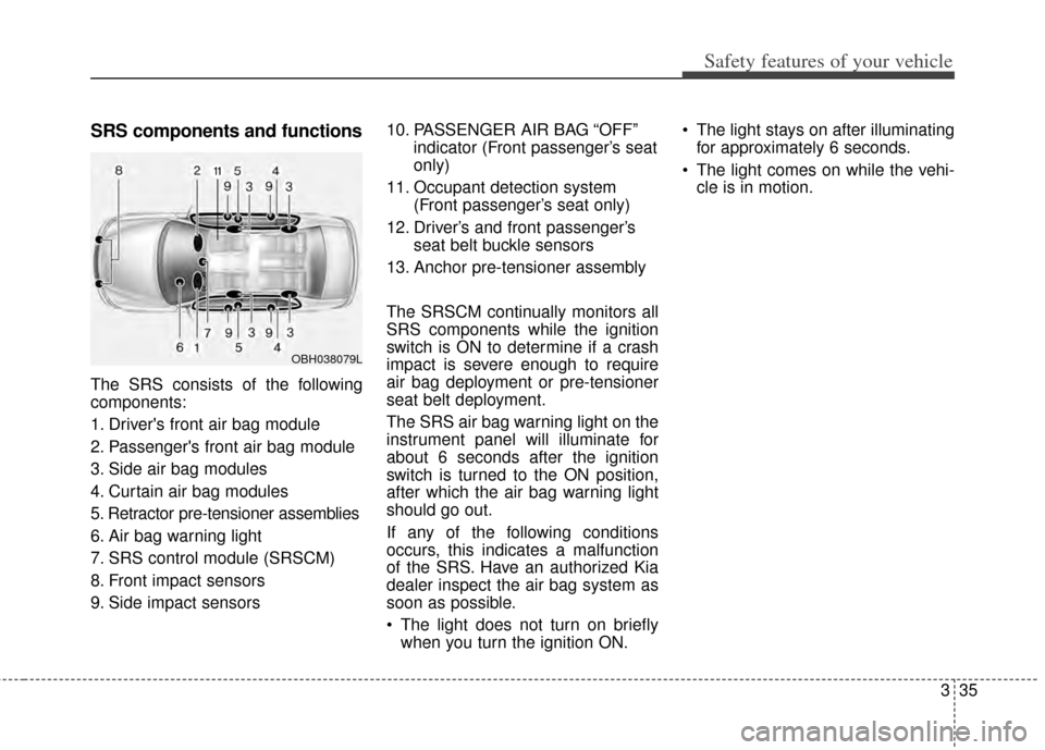 KIA Cadenza 2014 1.G Service Manual 335
Safety features of your vehicle
SRS components and functions
The SRS consists of the following
components:
1. Drivers front air bag module
2. Passengers front air bag module
3. Side air bag modu