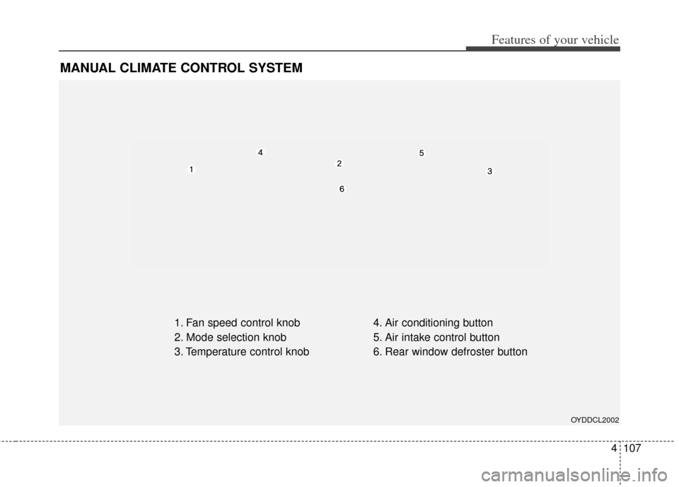 KIA Cerato 2014 2.G Owners Manual 4107
Features of your vehicle
MANUAL CLIMATE CONTROL SYSTEM
1. Fan speed control knob
2. Mode selection knob
3. Temperature control knob4. Air conditioning button
5. Air intake control button
6. Rear 