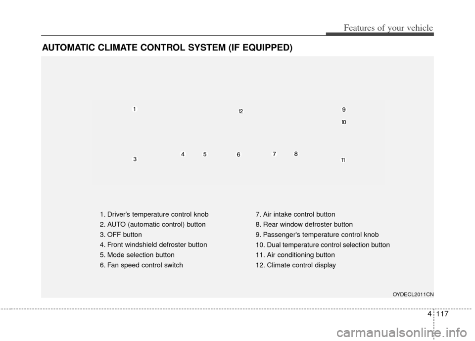 KIA Cerato 2014 2.G Owners Manual 4117
Features of your vehicle
AUTOMATIC CLIMATE CONTROL SYSTEM (IF EQUIPPED)
1. Driver’s temperature control knob
2. AUTO (automatic control) button
3. OFF button
4. Front windshield defroster butto