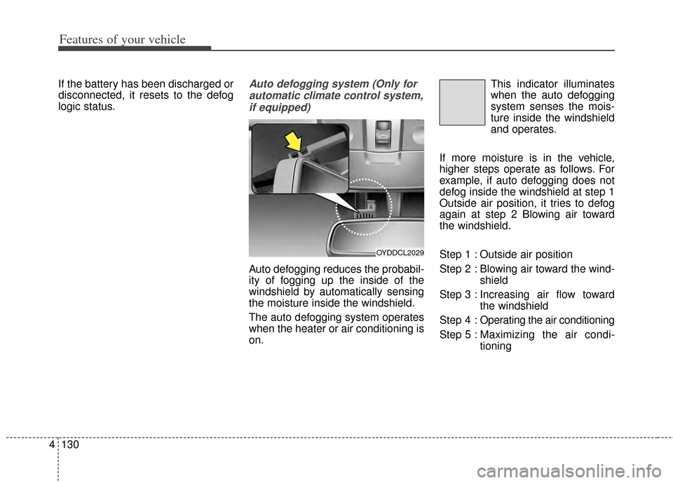 KIA Cerato 2014 2.G Owners Manual Features of your vehicle
130
4
If the battery has been discharged or
disconnected, it resets to the defog
logic status.Auto defogging system (Only for
automatic climate control system,if equipped)
Aut