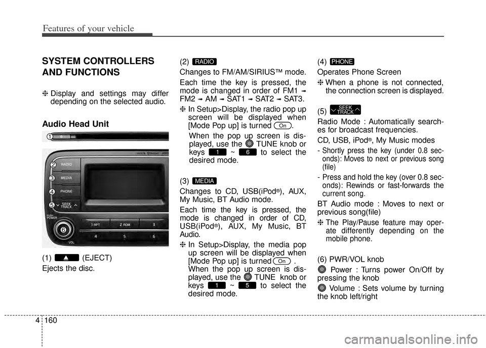 KIA Cerato 2014 2.G Owners Manual Features of your vehicle
160
4
SYSTEM CONTROLLERS
AND FUNCTIONS
❈ Display and settings may differ
depending on the selected audio.
Audio Head Unit
(1) (EJECT)
Ejects the disc. (2) 
Changes to FM/AM/