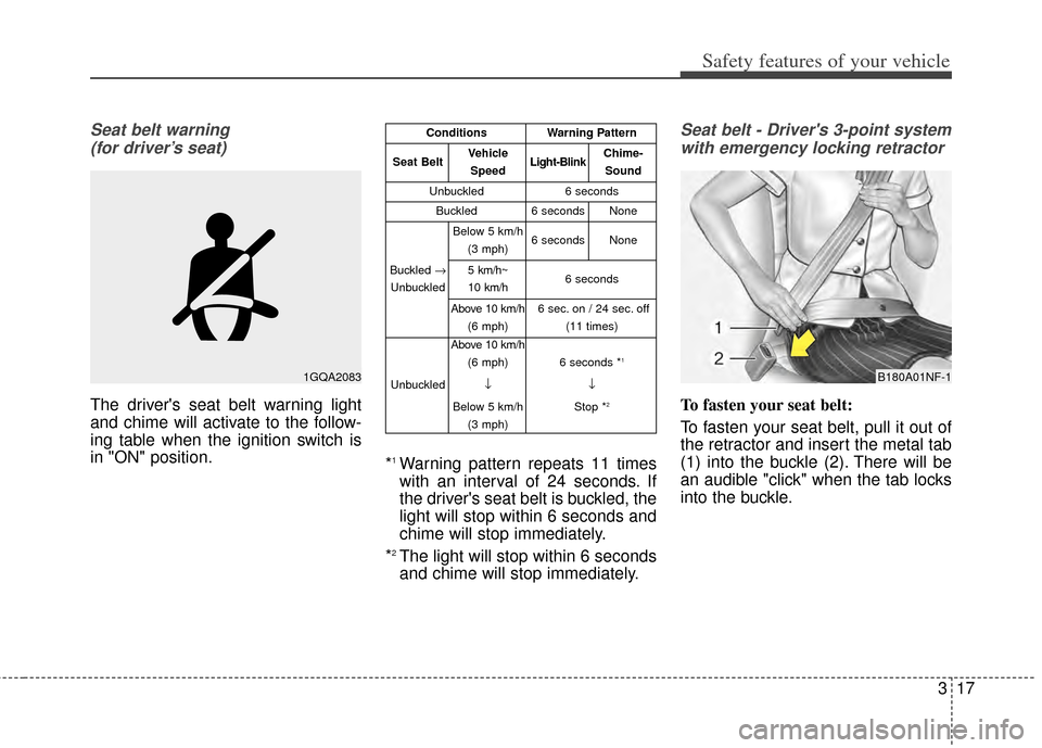 KIA Cerato 2014 2.G Owners Manual 317
Safety features of your vehicle
Seat belt warning (for driver’s seat)
The drivers seat belt warning light
and chime will activate to the follow-
ing table when the ignition switch is
in "ON" po