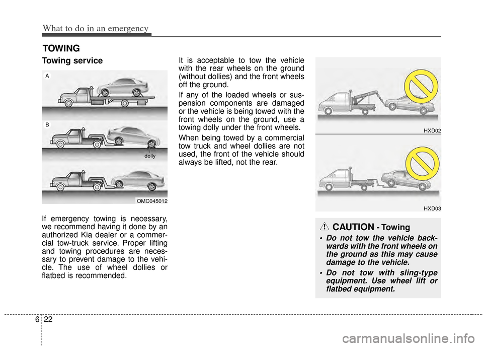 KIA Cerato 2014 2.G Owners Manual What to do in an emergency
22
6
TOWING
Towing service
If emergency towing is necessary,
we recommend having it done by an
authorized Kia dealer or a commer-
cial tow-truck service. Proper lifting
and 