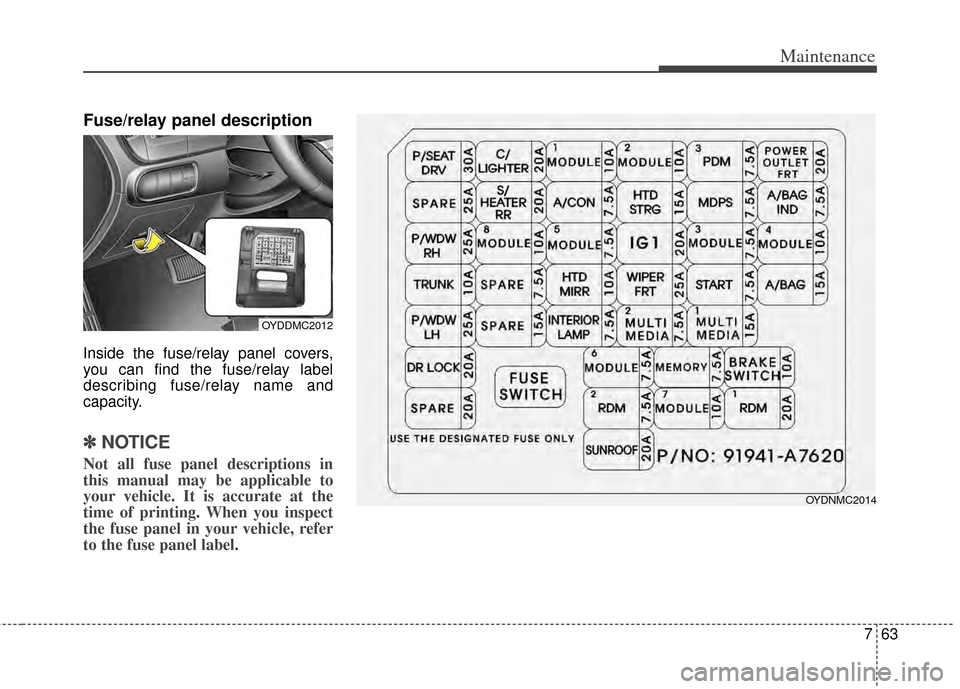 KIA Cerato 2014 2.G Owners Manual 763
Maintenance
Fuse/relay panel description
Inside the fuse/relay panel covers,
you can find the fuse/relay label
describing fuse/relay name and
capacity.
✽ ✽NOTICE
Not all fuse panel description