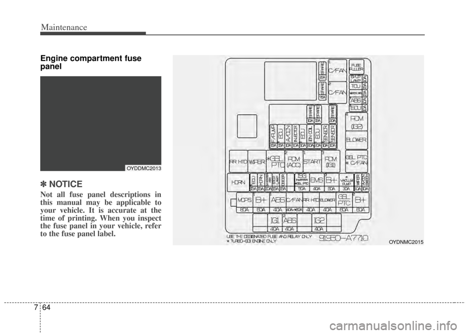 KIA Cerato 2014 2.G Owners Manual Maintenance
64
7
Engine compartment fuse
panel
✽ ✽
NOTICE
Not all fuse panel descriptions in
this manual may be applicable to
your vehicle. It is accurate at the
time of printing. When you inspect