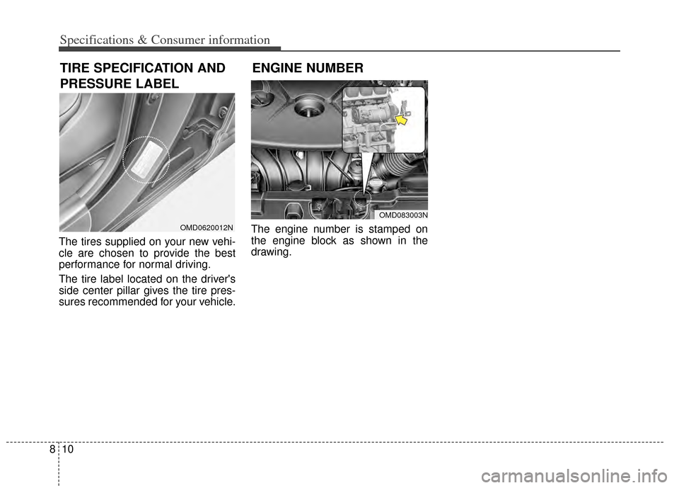KIA Cerato 2014 2.G Owners Manual Specifications & Consumer information
10
8
The tires supplied on your new vehi-
cle are chosen to provide the best
performance for normal driving.
The tire label located on the drivers
side center pi