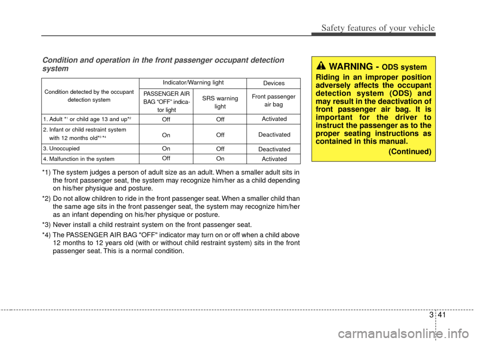 KIA Cerato 2014 2.G Owners Manual 341
Safety features of your vehicle
WARNING - ODS system
Riding in an improper position
adversely affects the occupant
detection system (ODS) and
may result in the deactivation of
front passenger air 