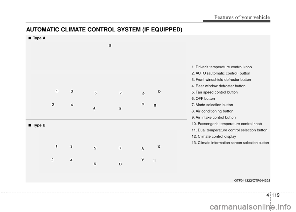 KIA Optima 2014 3.G Owners Manual 4119
Features of your vehicle
AUTOMATIC CLIMATE CONTROL SYSTEM (IF EQUIPPED)
OTF044322/OTF044323
1. Driver’s temperature control knob
2. AUTO (automatic control) button
3. Front windshield defroster KIA Optima 2014 3.G Owners Manual 4119
Features of your vehicle
AUTOMATIC CLIMATE CONTROL SYSTEM (IF EQUIPPED)
OTF044322/OTF044323
1. Driver’s temperature control knob
2. AUTO (automatic control) button
3. Front windshield defroster