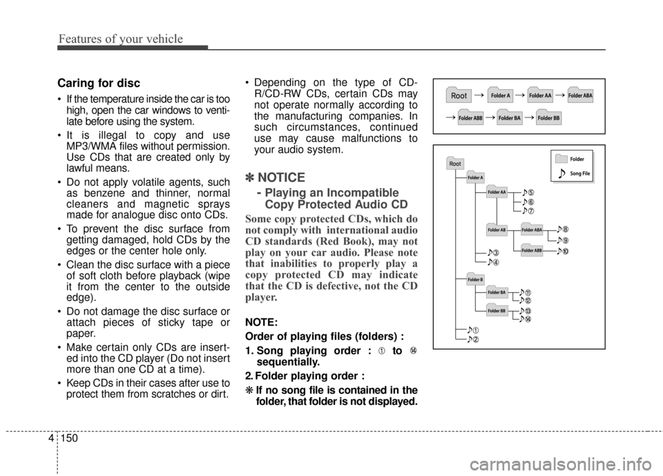 KIA Optima 2014 3.G Owners Manual Features of your vehicle
150
4
Caring for disc
 If the temperature inside the car is too
high, open the car windows to venti-
late before using the system.
 It is illegal to copy and use MP3/WMA files