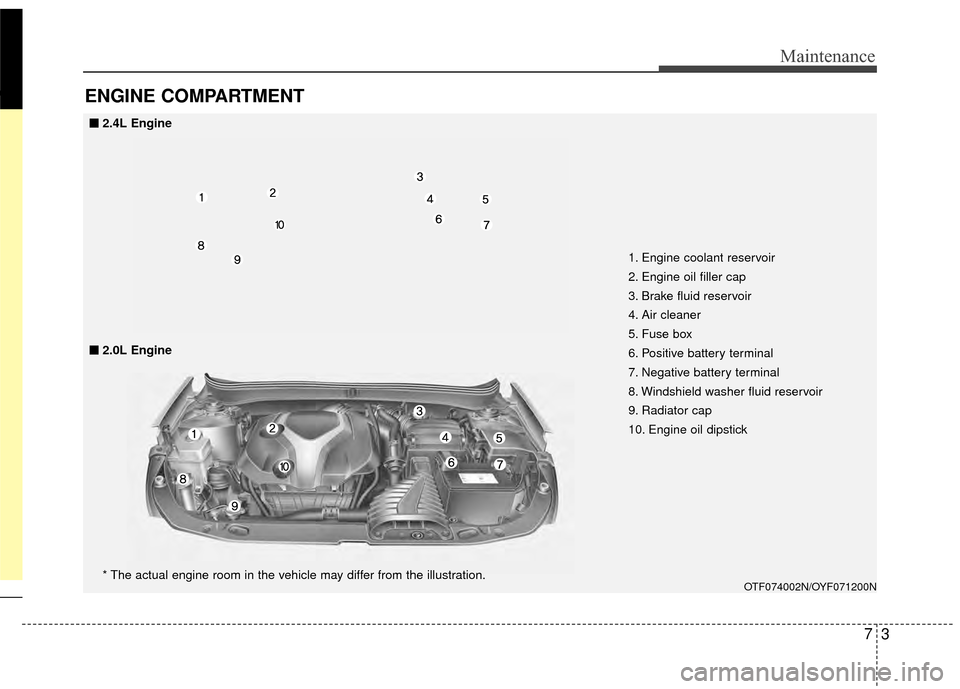 KIA Optima 2014 3.G Owners Manual 73
Maintenance
ENGINE COMPARTMENT
1. Engine coolant reservoir
2. Engine oil filler cap
3. Brake fluid reservoir
4. Air cleaner
5. Fuse box
6. Positive battery terminal
7. Negative battery terminal
8. KIA Optima 2014 3.G Owners Manual 73
Maintenance
ENGINE COMPARTMENT
1. Engine coolant reservoir
2. Engine oil filler cap
3. Brake fluid reservoir
4. Air cleaner
5. Fuse box
6. Positive battery terminal
7. Negative battery terminal
8.