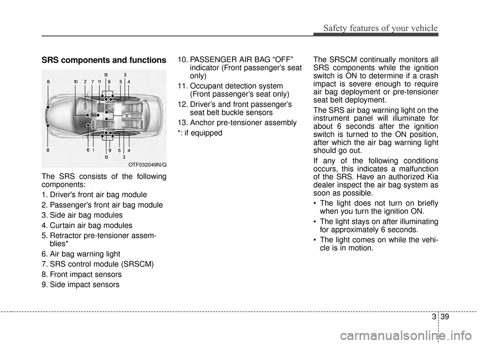 KIA Optima 2014 3.G Owners Manual 339
Safety features of your vehicle
SRS components and functions
The SRS consists of the following
components:
1. Drivers front air bag module
2. Passengers front air bag module
3. Side air bag modu
