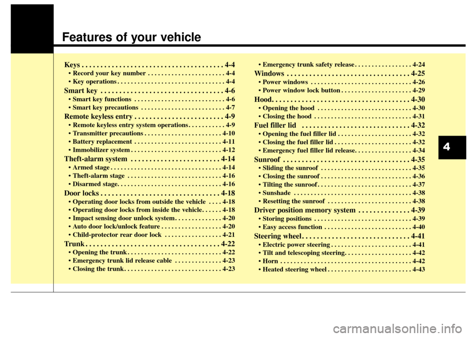 KIA Optima 2014 3.G Owners Manual Features of your vehicle
Keys . . . . . . . . . . . . . . . . . . . . . . . . . . . . . . . . . . . . \
. . 4-4
• Record your key number . . . . . . . . . . . . . . . . . . . . . . . 4-4
 . . . . . 