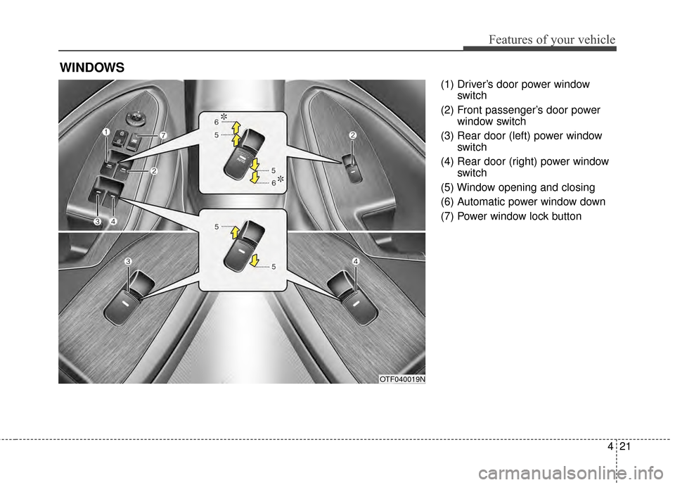 KIA Optima Hybrid 2014 3.G Owners Manual 421
Features of your vehicle
(1) Driver’s door power windowswitch
(2) Front passenger’s door power window switch
(3) Rear door (left) power window switch
(4) Rear door (right) power window switch
