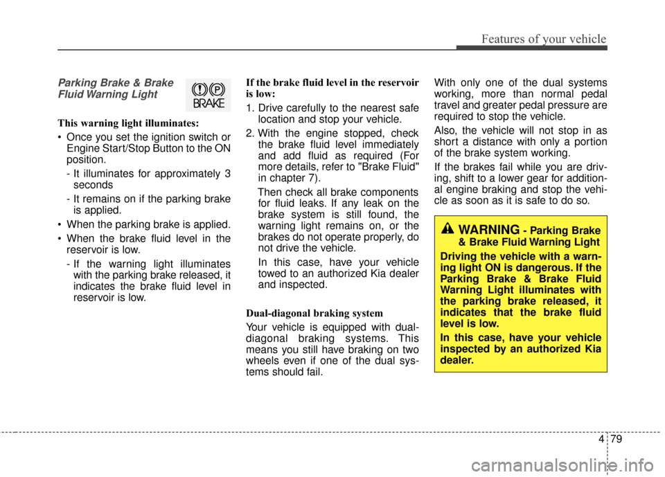 KIA Optima Hybrid 2014 3.G Owners Manual 479
Features of your vehicle
Parking Brake & BrakeFluid Warning  Light
This warning light illuminates:
 Once you set the ignition switch or Engine Start/Stop Button to the ON
position.
- It illuminate