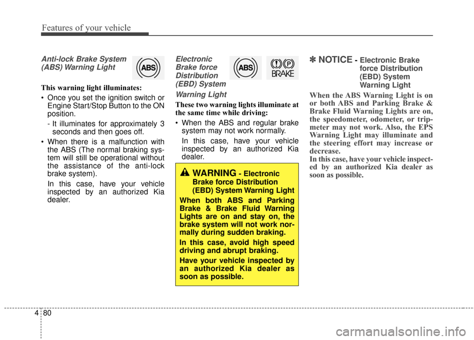 KIA Optima Hybrid 2014 3.G Owners Manual Features of your vehicle
80
4
Anti-lock Brake System
(ABS) Warning  Light
This warning light illuminates:
 Once you set the ignition switch or Engine Start/Stop Button to the ON
position.
- It illumin
