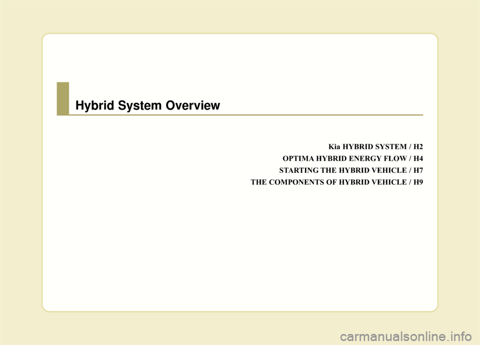 KIA Optima Hybrid 2014 3.G Owners Manual Kia HYBRID SYSTEM / H2
OPTIMA HYBRID ENERGY FLOW / H4
STARTING THE HYBRID VEHICLE / H7
THE COMPONENTS OF HYBRID VEHICLE / H9
Hybrid System Overview 