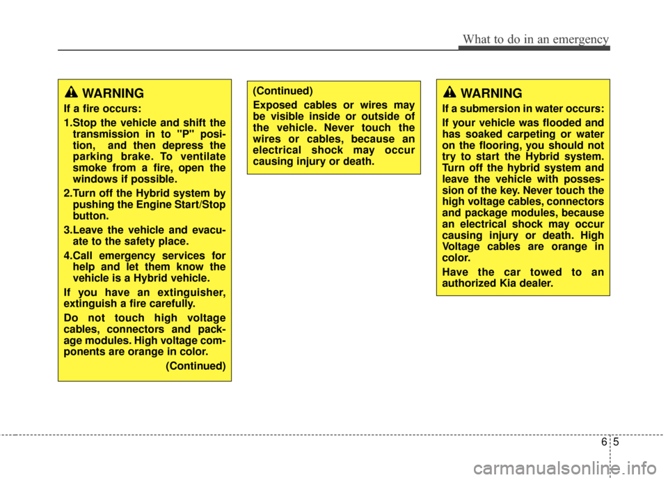 KIA Optima Hybrid 2014 3.G Owners Manual 65
What to do in an emergency
WARNING
If a fire occurs:
1.Stop the vehicle and shift thetransmission in to "P" posi-
tion, and then depress the
parking brake. To ventilate
smoke from a fire, open the
