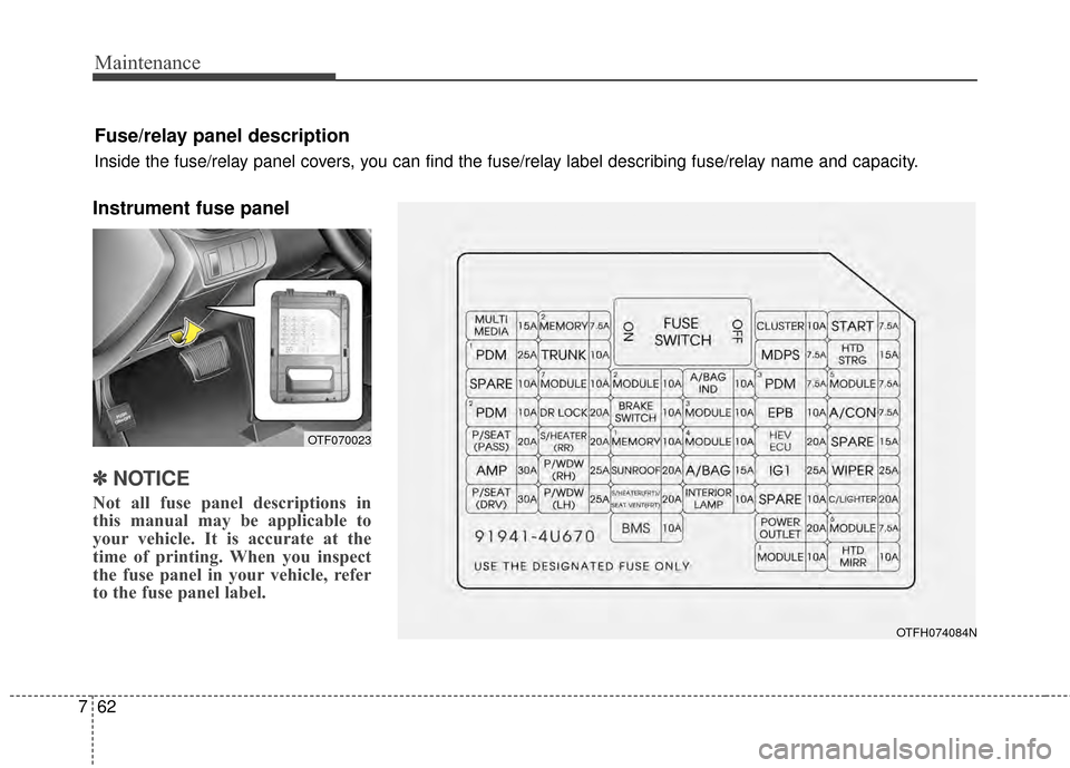 KIA Optima Hybrid 2014 3.G Owners Manual Maintenance
62
7
Instrument fuse panel
✽
✽
NOTICE
Not all fuse panel descriptions in
this manual may be applicable to
your vehicle. It is accurate at the
time of printing. When you inspect
the fus