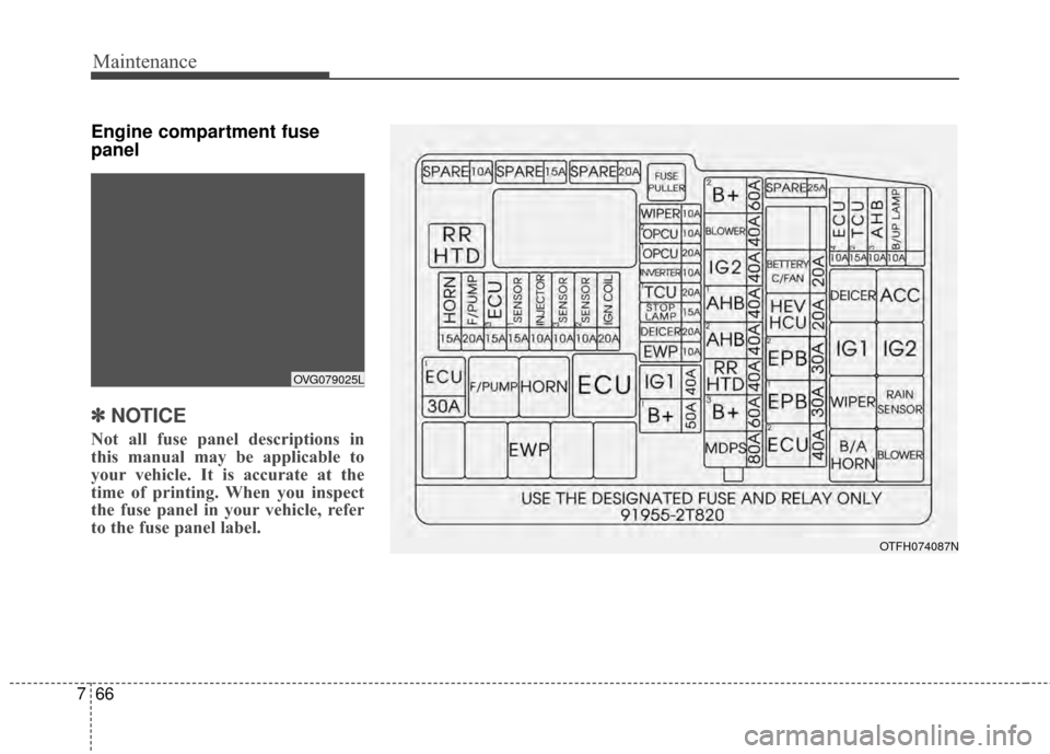 KIA Optima Hybrid 2014 3.G User Guide Maintenance
66
7
Engine compartment fuse
panel 
✽ ✽
NOTICE
Not all fuse panel descriptions in
this manual may be applicable to
your vehicle. It is accurate at the
time of printing. When you inspec