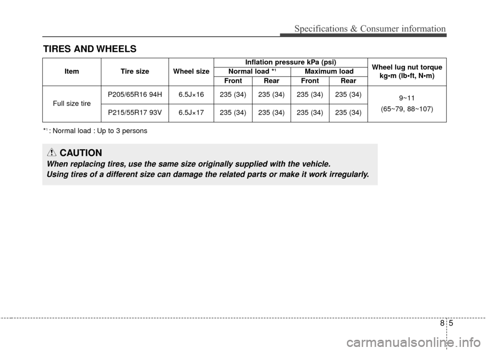 KIA Optima Hybrid 2014 3.G Owners Manual 85
Specifications & Consumer information
TIRES AND WHEELS
CAUTION
When replacing tires, use the same size originally supplied with the vehicle.Using tires of a different size can damage the related pa