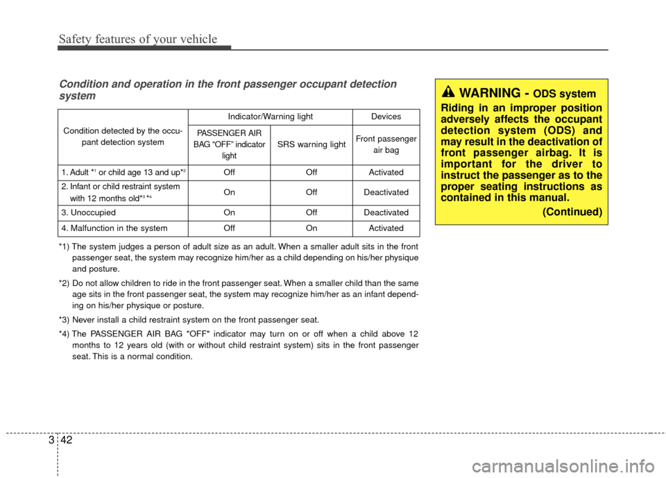 KIA Optima Hybrid 2014 3.G Owners Manual Safety features of your vehicle
42
3
WARNING - ODS system
Riding in an improper position
adversely affects the occupant
detection system (ODS) and
may result in the deactivation of
front passenger air