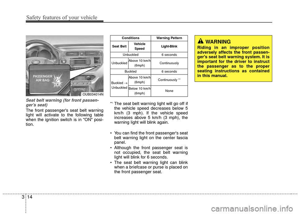 KIA Rio 2014 3.G Owners Guide Safety features of your vehicle
14
3
Seat belt warning (for front passen-
ger’s seat)
The front passengers seat belt warning
light will activate to the following table
when the ignition switch is i KIA Rio 2014 3.G Owners Guide Safety features of your vehicle
14
3
Seat belt warning (for front passen-
ger’s seat)
The front passengers seat belt warning
light will activate to the following table
when the ignition switch is i