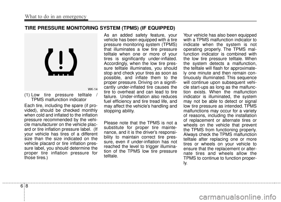 KIA Rio 2014 3.G Owners Manual What to do in an emergency
86
TIRE PRESSURE MONITORING SYSTEM (TPMS) (IF EQUIPPED)
(1) Low tire pressure telltale / 
TPMS malfunction indicator
Each tire, including the spare (if pro-
vided), should b